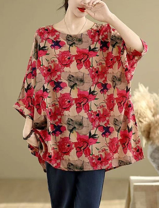 【近日入荷】フラワープリントコウモリ袖カットソー※レッドは4月下旬入荷予定